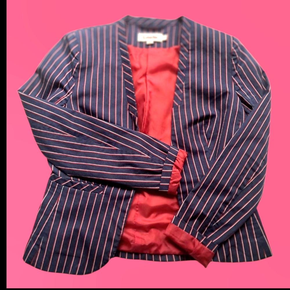 ModCloth Louche Amada Womens Fitted Blazer Navy Red White Stripe Sz 6 EUC